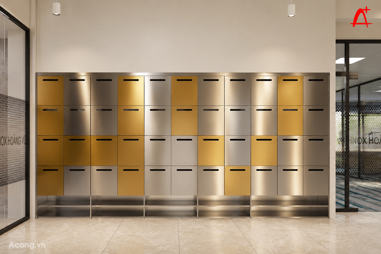 Sảnh tầng văn phòng Công ty Inox Hoàng Vũ với tu locker inox